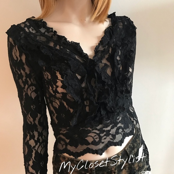 Victoria's Secret Tops - Victoria’s Secret NEW Black Lace Blouse Bell Sleeve RARE Top xs V-Neck Ruffle